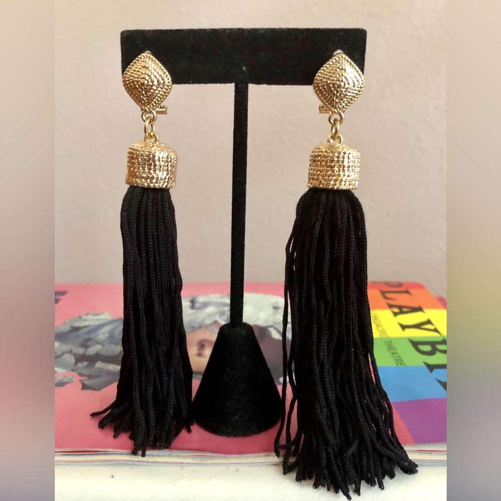 Never Worn Tasha Black Fabric Fringe Post Earrings